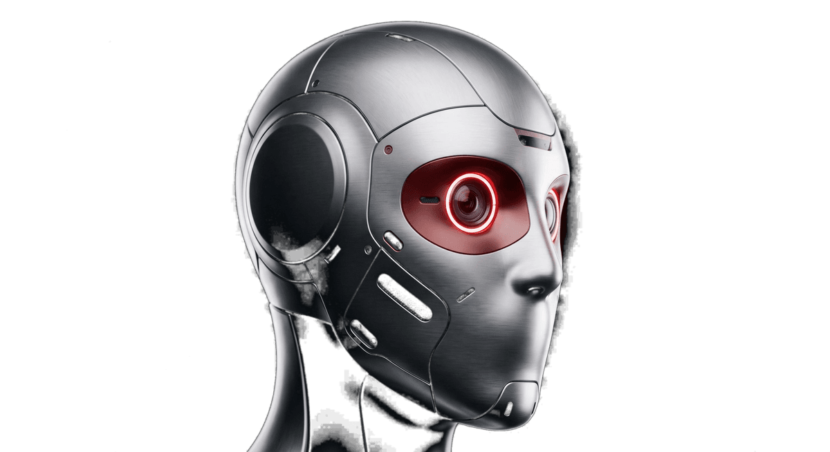 Rostro de un robot humanoide con un sensor óptico iluminado, símbolo de la automatización con inteligencia artificial de Miuly